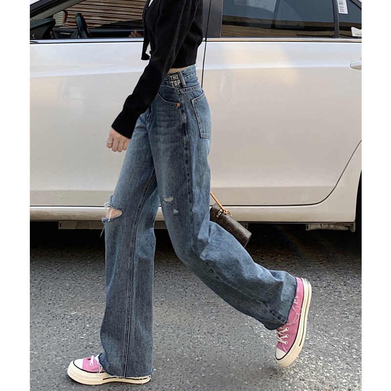 Quần jeans nữ rách ống rộng lưng cao màu xanh lam cá tính thời trang, Quần bò nữ chuẩn form dáng Hàn Quốc cao cấp