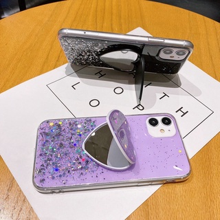 Case iPhone 12 Mini 11 Pro Max 6 6S 7 8 Plus X XR XS XS Max SE 2020 Epoxy Silver Foil Glitter Phone Case Heart-shaped mirror bracket - Green  Purple