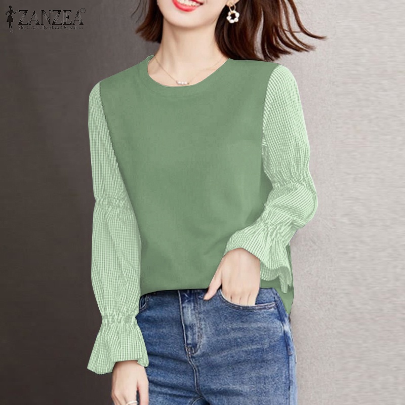 Áo kiểu ZANZEA tay dài hoạ tiết caro thời trang nữ tính thanh lịch cho nữ