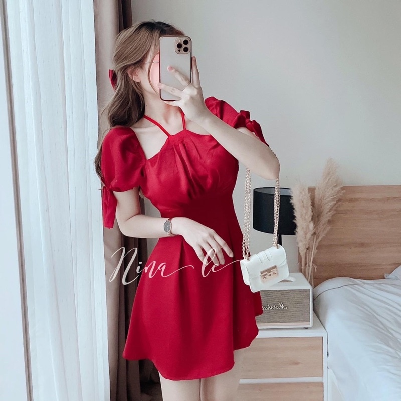 ĐẦM ĐỎ CỔ YẾM TAY BỒNG NƠ
