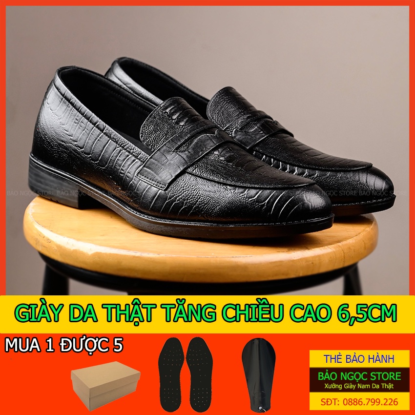 Giày lười nam da bò thật tăng chiều cao 6,5cm cực chất BẢO NGỌC STORE - Mã TC2526 Đen