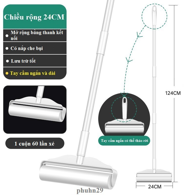 Cây Lăn Bụi 24Cm Làm Sạch Quần Áo, Ga Giường, Sofa, Lông Chó Mèo ( Có 2 Loại Tay Cầm Ngắn 23cm, Tay Cầm Dài 124cm )