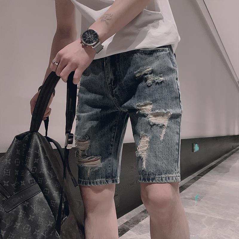 2020 Summer Ripped Denim Shorts Nam Social Guy Quần giữa lưới Màu đỏ thủy triều Thương hiệu Xu hướng lỏng lẻo Năm điểm