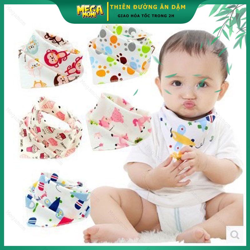 Khăn tam giác cotton thun in hình có cúc bấm- loại đẹp, yếm tam giác cho bé