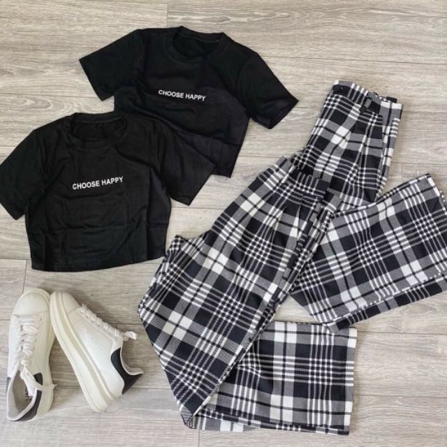 SET ÁO CROPTOP + QUẦN SUÔNG CARO ỐNG RỘNG TT51