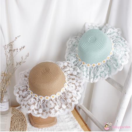 Nón Rơm Đính Ren Hoa Hướng Dương Cho Bé Từ 2-6 Tuổi