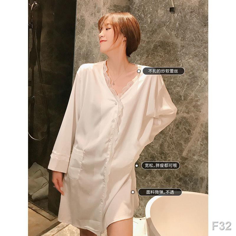 > Ice pyjama nữ mỏng cổ V áo sơ mi trắng gợi cảm Kiểu dáng dài có thể mặc bên ngoài Váy ngủ lụa ngọt <A