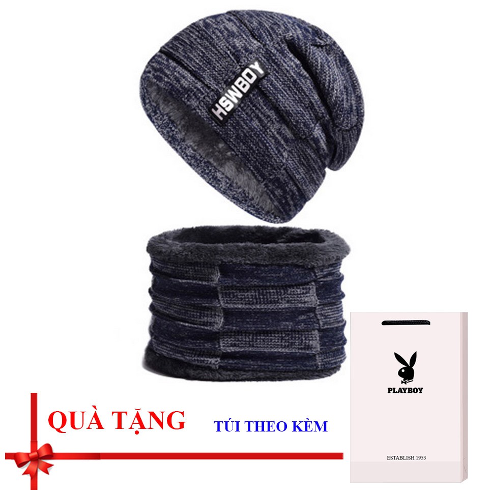 Bộ mũ khăn len nam thời trang phong cách châu Âu, chùm tai chống rét cực tốt