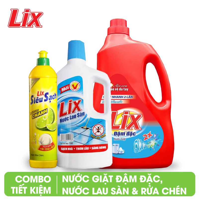 Combo Nước giặt Lix đậm đặc hương hoa 2Kg + Nước lau sàn đuổi côn trùng 1L + Nước rửa chén siêu sạch hương chanh 800g