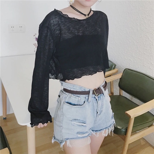 [sẵn kem ] Áo croptop ren mỏng / áo crop tay dài mỏng lưới ulzzang order