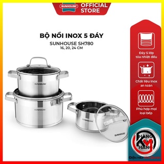 Bộ nồi inox 5 đáy sunhouse sh780, 5 lớp truyền nhiệt nhanh, thiết kế sang trọng, bền, đẹp, bộ 3 sản phâm