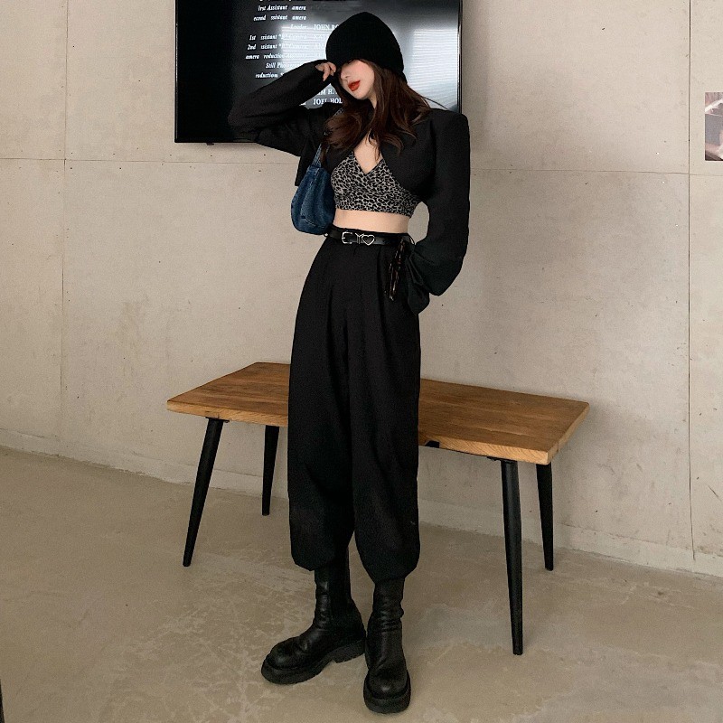 [HOT TREND] Set suit Hàn Quốc Ulzzang áo Blazer lửng phối áo Croptop da báo quần ống suông soái tỉ cool ngầu sang chảnh