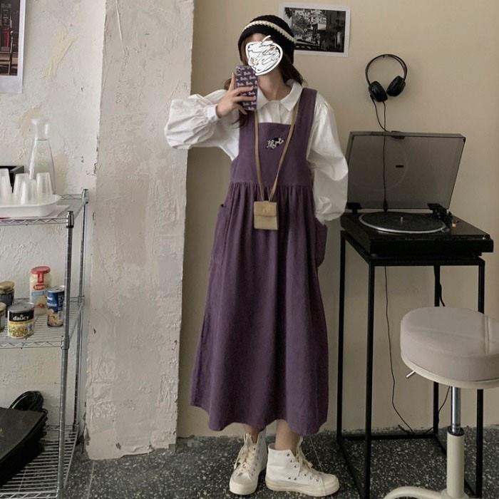 🌼váy babydoll Đầm Yếm Dáng Dài Mềm Mại Thêu Họa Tiết Bò Sữa Dễ Thương Phong Cách Nhật Bản Cho Nữ