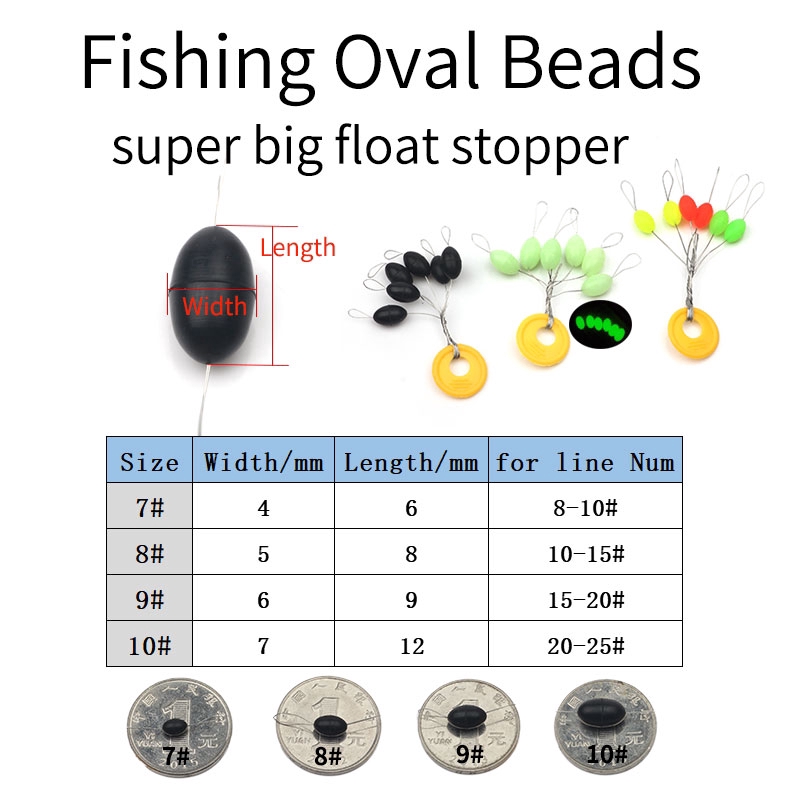 Set 30 phụ kiện chặn dây câu cá hình Oval màu đen dạ quang