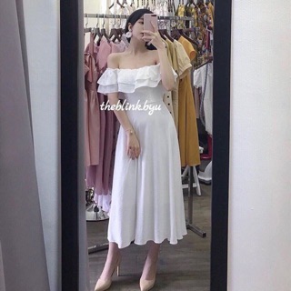 Đầm maxi bẹt vai tầng xoè