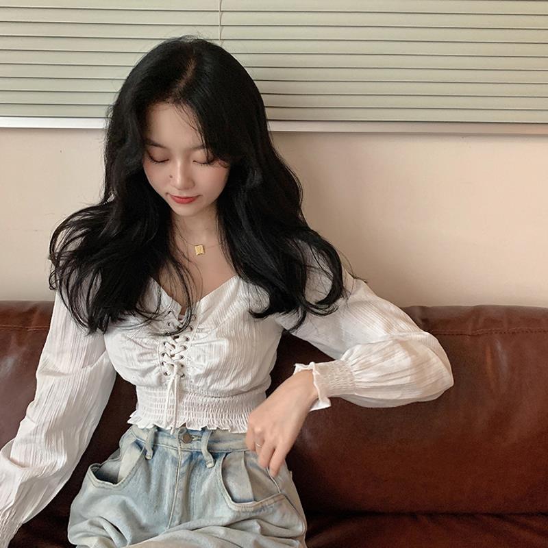 Áo Kiểu Nữ New Square Neck Blouse White Long Sleeve Women Korean Tops