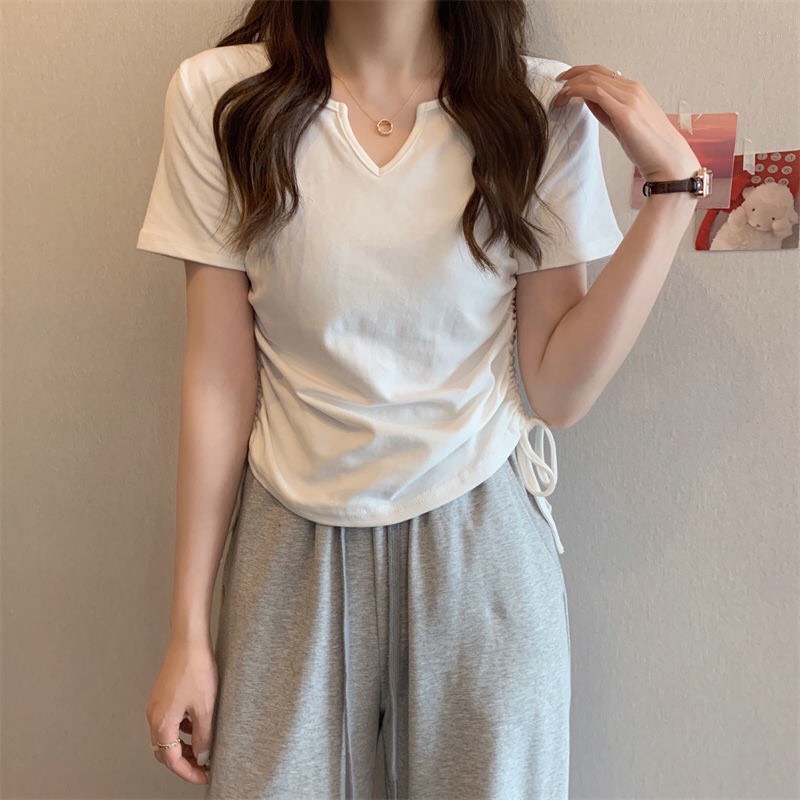 Áo thun tay ngắn cổ V dây rút 2 bên ôm body A2681