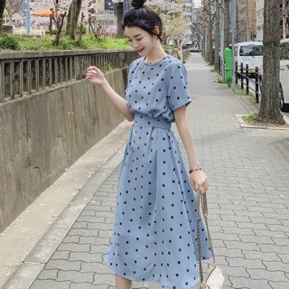 Đầm blue bi xanh đen thắt eo (kèm hình thật)