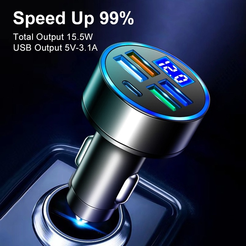 Bộ Sạc Xe Hơi 15.5W 4 Cổng USB Type c Có Màn Hình Hiển Thị Điện Áp