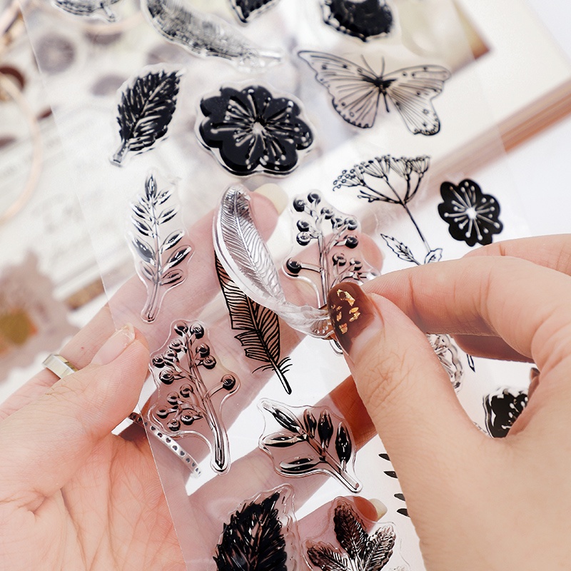 Con dấu in trong suốt thiết kế hoa lá trang trí sổ tay DIY phong cách vintage