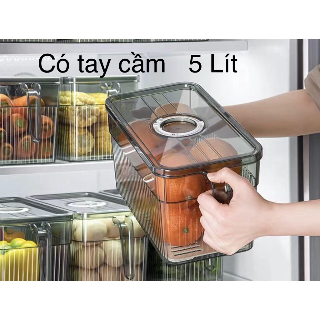 Hộp nhựa đựng thực phẩm cao cấp 5 lít có tay cầm, khay lót dưới đáy, vòng ghi chú thời gian bảo quản tiện lợi