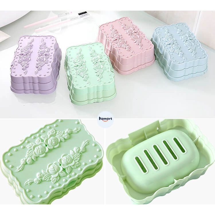 Hộp Đựng Xà Bông Cục Có Nắp Bằng Nhựa Hoá Lá Cành Có Lỗ Thoắt Nước Tiện Lợi Để Xà Phòng