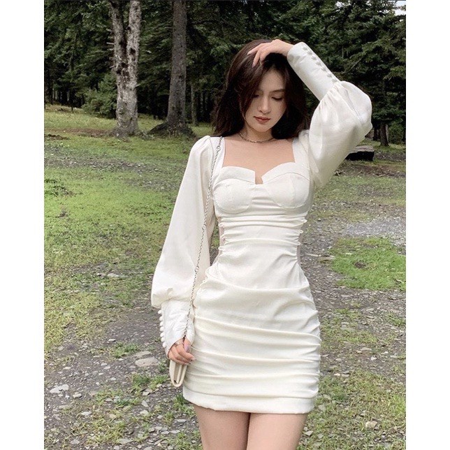 [ Hàng Quảng Châu] Váy trắng body nhún khoét eo phối cúc chất lụa thái sang chảnh | WebRaoVat - webraovat.net.vn
