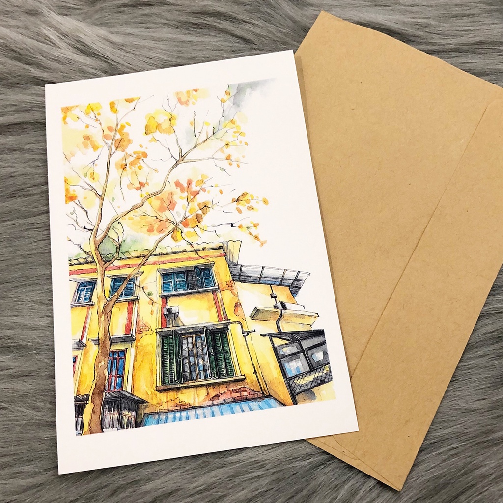 Postcard, Thiệp chúc mừng, Tranh trang trí BST Hà Nội, Phố cổ Hà Nội 10CMx15CM kèm bao thư Kraft