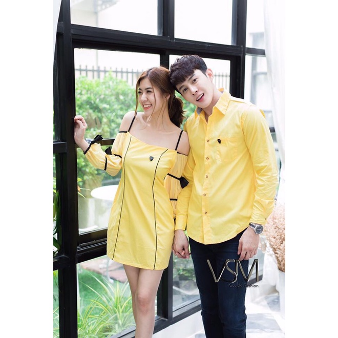 Set đồ đôi nam nữ màu vàng, áo sơ mi váy cặp vải cotton phối voan cát dài phong cách trẻ trung, đi tiệc,chụp cưới