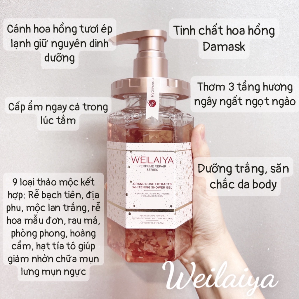 Sữa tắm WEILAIYA trắng da cánh hoa hồng Damask 450ml chính hãng