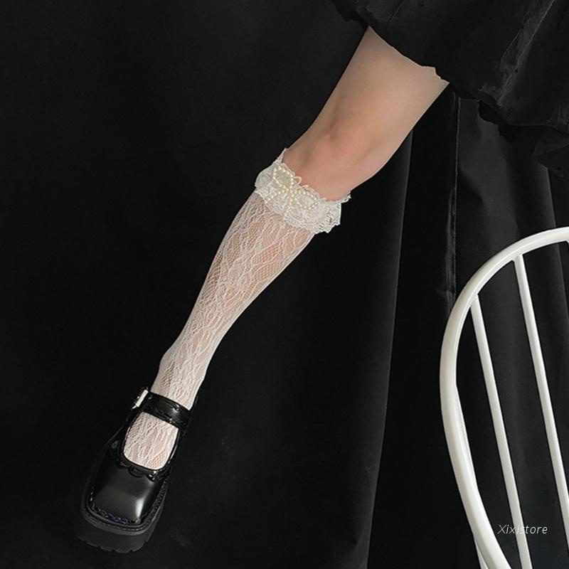 XIXI Vớ dài ngang gối phối ren nhún bèo đính ngọc trai phong cách Harajuku Nhật Bản dễ thương cho nữ