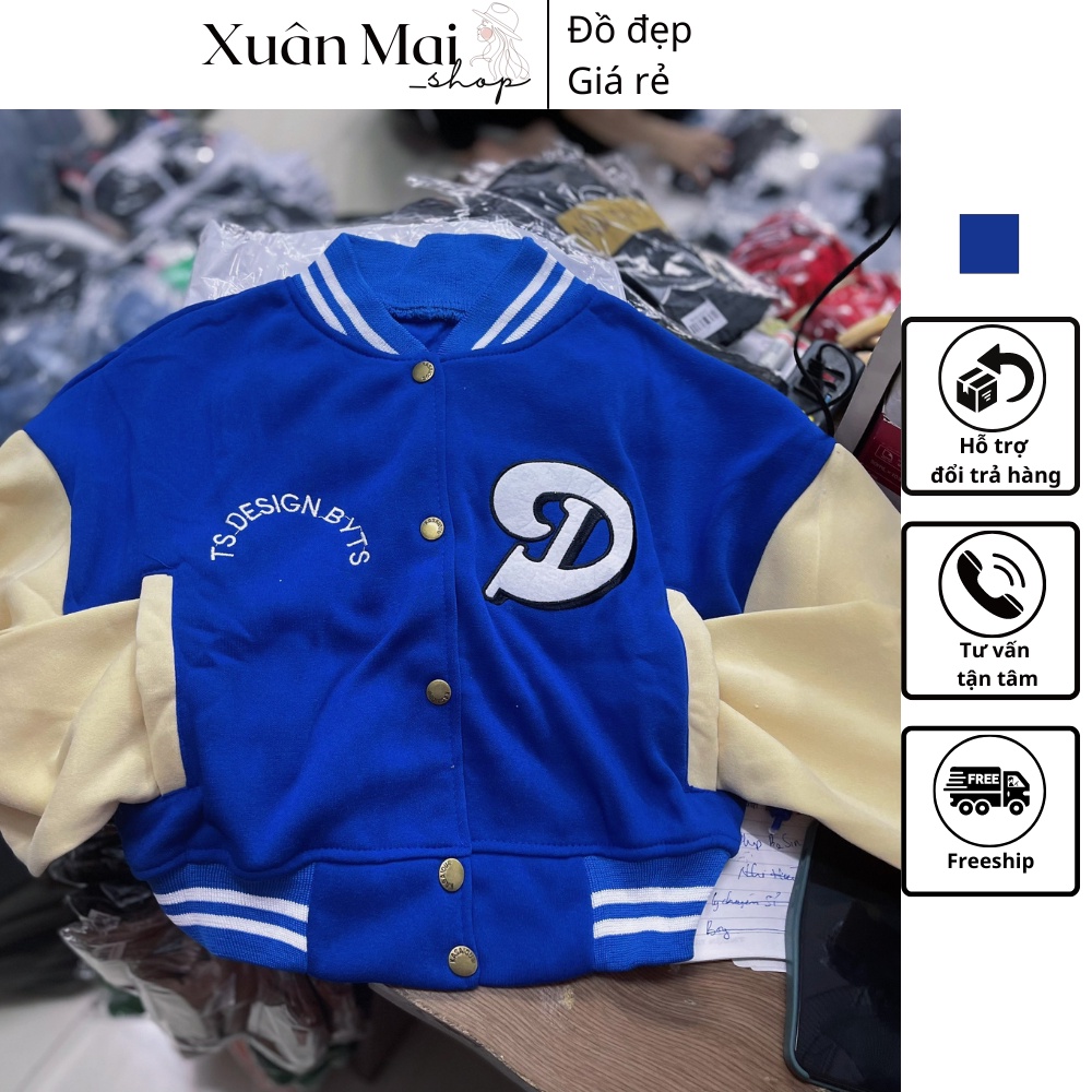 [FREESHIP] Áo khoác nữ croptop bomber chữ D chất nỉ dày phối xanh trắng siêu xinh