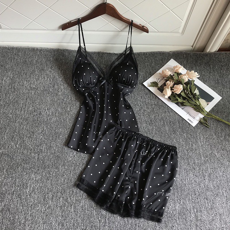 Bộ Ngủ Mặc Nhà Họa Tiết Chấm Bi Chất Lụa Satin Cao Cấp Thương Hiệu JUNI J36
