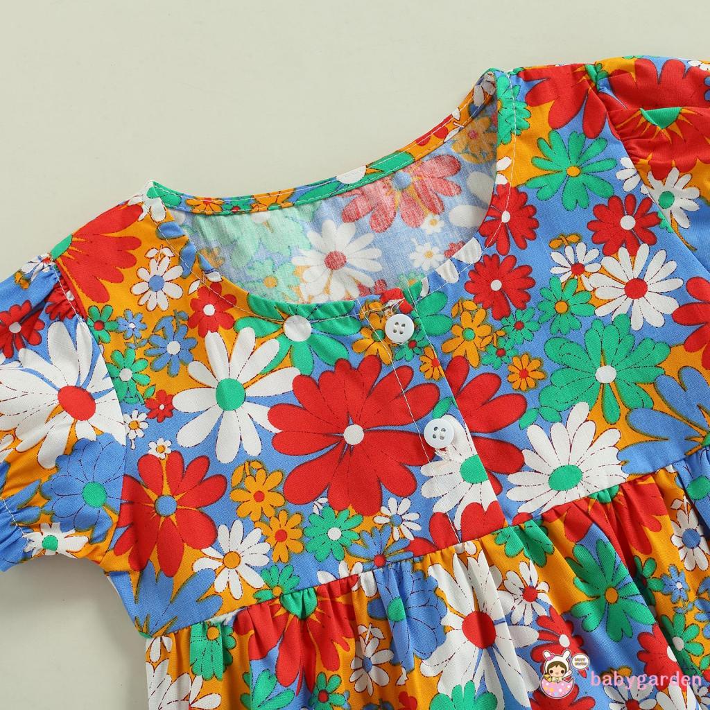 Bộ Áo Liền Quần Tay Ngắn Cổ Tròn In Hoa Kèm Băng Đô Xinh Xắn Cho Bé Gái