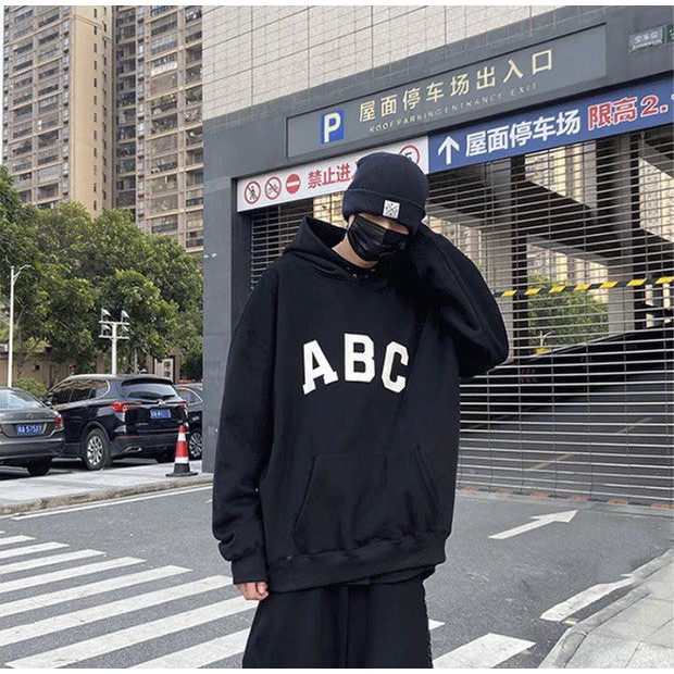 Áo hoodies nam nữ ABC nỉ ngoại phom rộng đen trắng cổ dập cúc bấm in 2 mặt hàn quốc cá tính