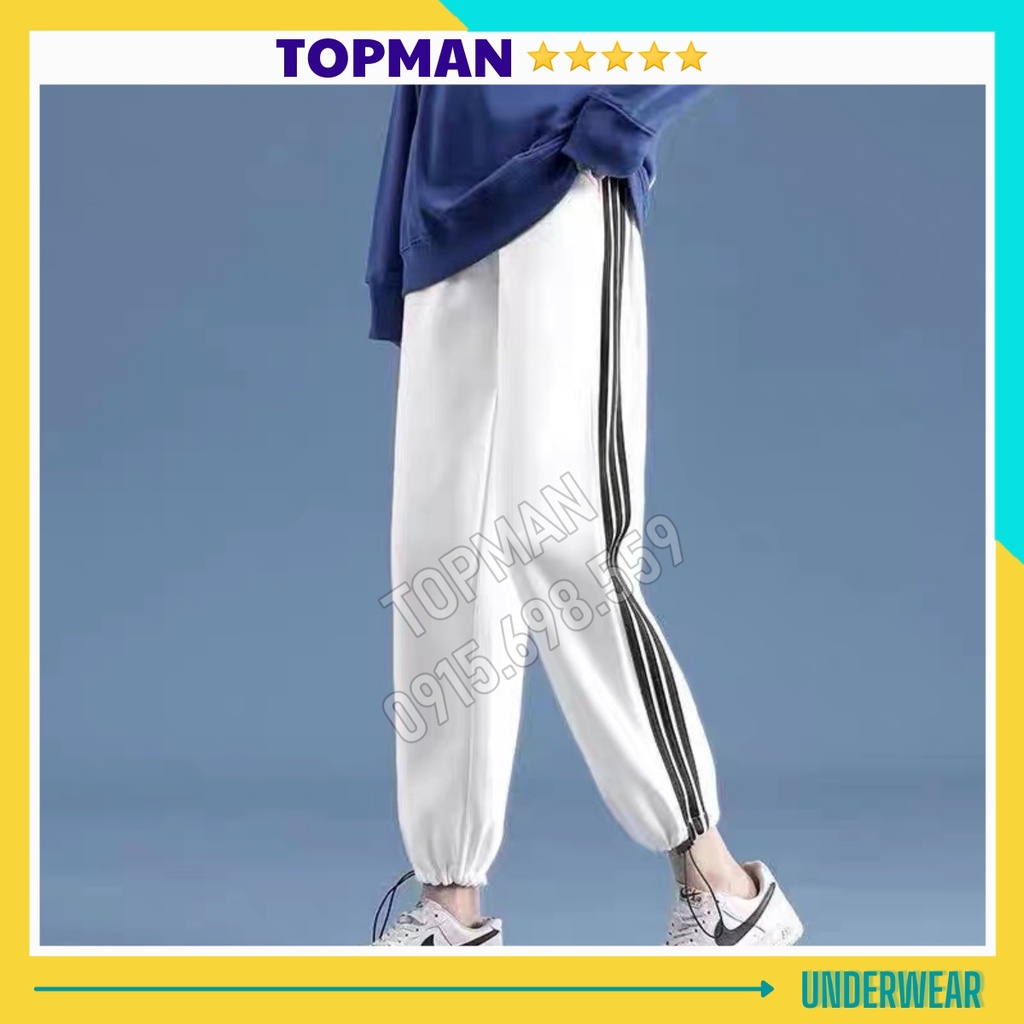 Quần Jogger Ống Rộng Nam Nữ Thể Thao 3 Sọc Để Suông Hoặc Rút Dây Bo Gấu Vải Dày Dặn Topman