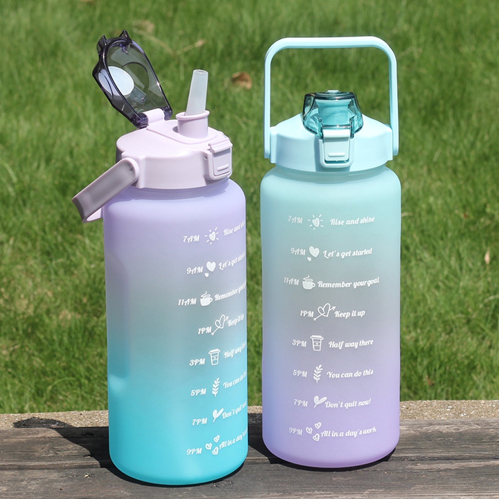 Bình nước Sports cute có ống hút vạch chia nhắc giờ nhắc nhở uống nước mỗi ngày full size 1 Lít / 1.4 Lít / 2 Lít