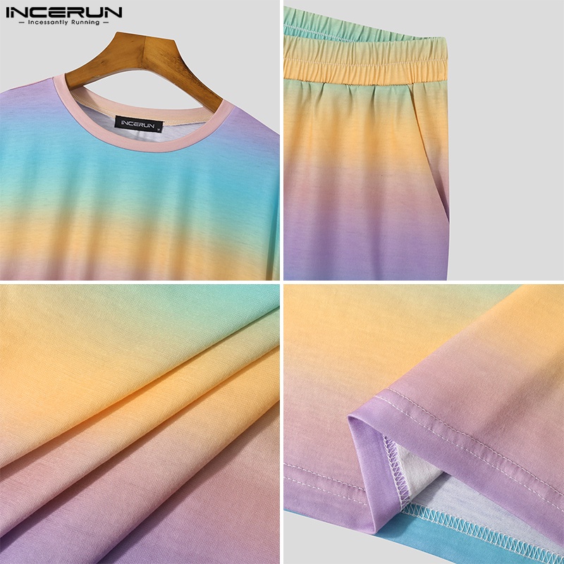 INCERUN Set Áo Croptop Tay Ngắn Nhuộm Màu + Quần Short Thời Trang Cho Nam