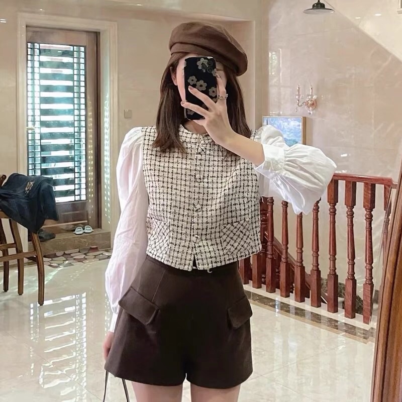 Áo croptop pha tweed tay bồng đẹp