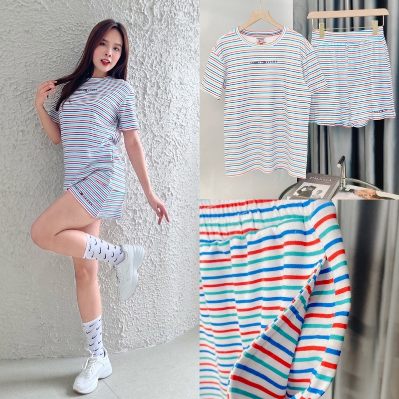 Set bộ Tommy sọc ngang thêu tên logo xuất xịn thun cotton áo kiểu phông + quần ngắn short thun có túi thời trang du lịch