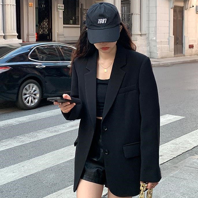Áo khoác blazer dáng rộng quá cỡ màu đen phong cách Hàn Quốc thời trang xuân thu cao cấp dành cho nữ