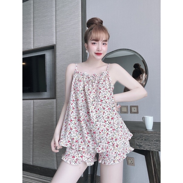 Đồ ngủ 2 dây dễ thương, bộ lụa viền bèo mặc nhà mát