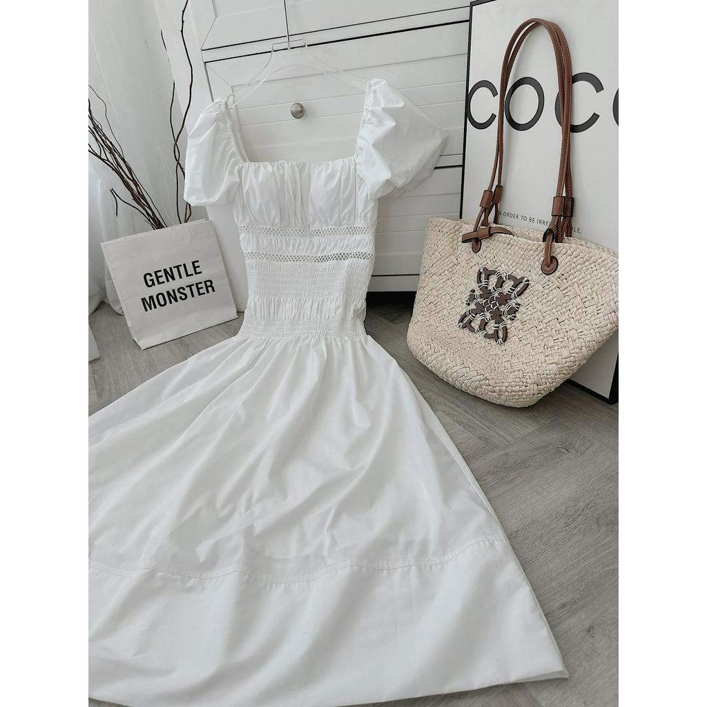 ĐẦM MIDI TRẮNG CÚP NGỰC ỐNG RỚT VAI REN BO CHUN EO (TH)