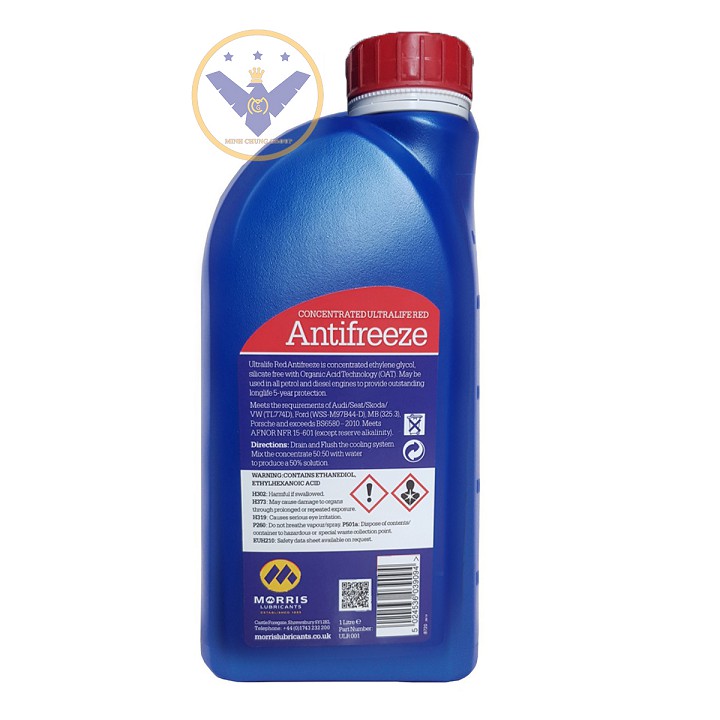 Nước làm mát động cơ xe ô tô màu đỏ Morris Ultralife Red Antifrezee lon 1L pha 50/50