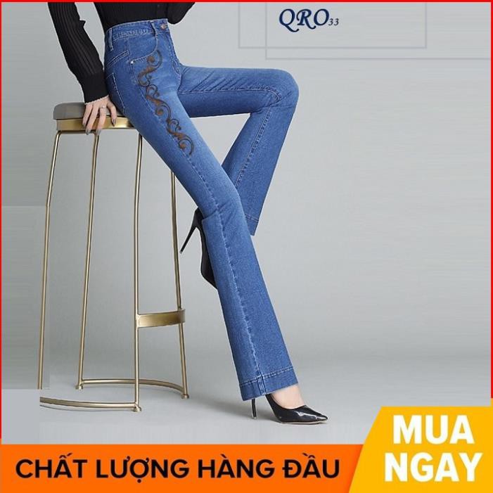 Quần jean nữ ống loe đẹp màu xanh thời trang hàng hiệu rosata qro33  ྇