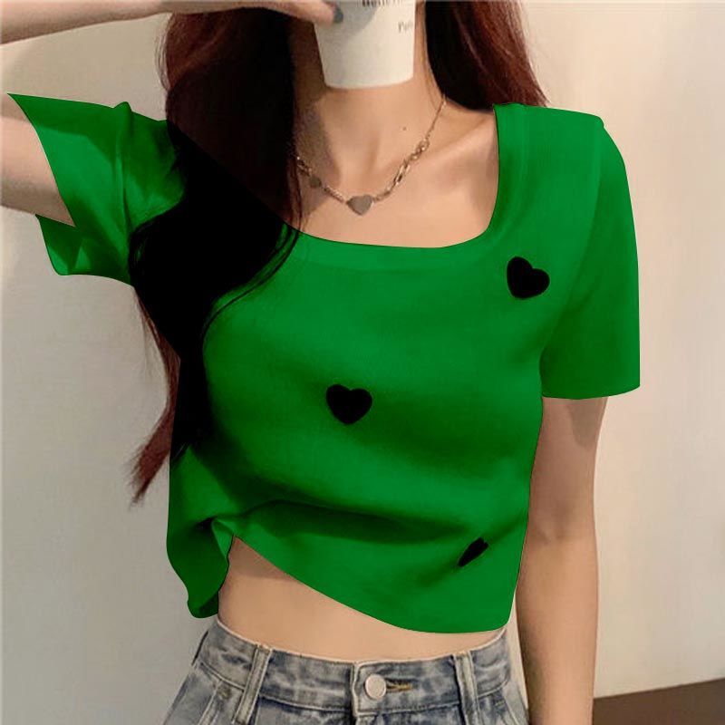 Áo Thun Tay Ngắn Cổ Vuông Hình Trái Tim Thời Trang Dễ Phối Đồ Dành Cho Nữ