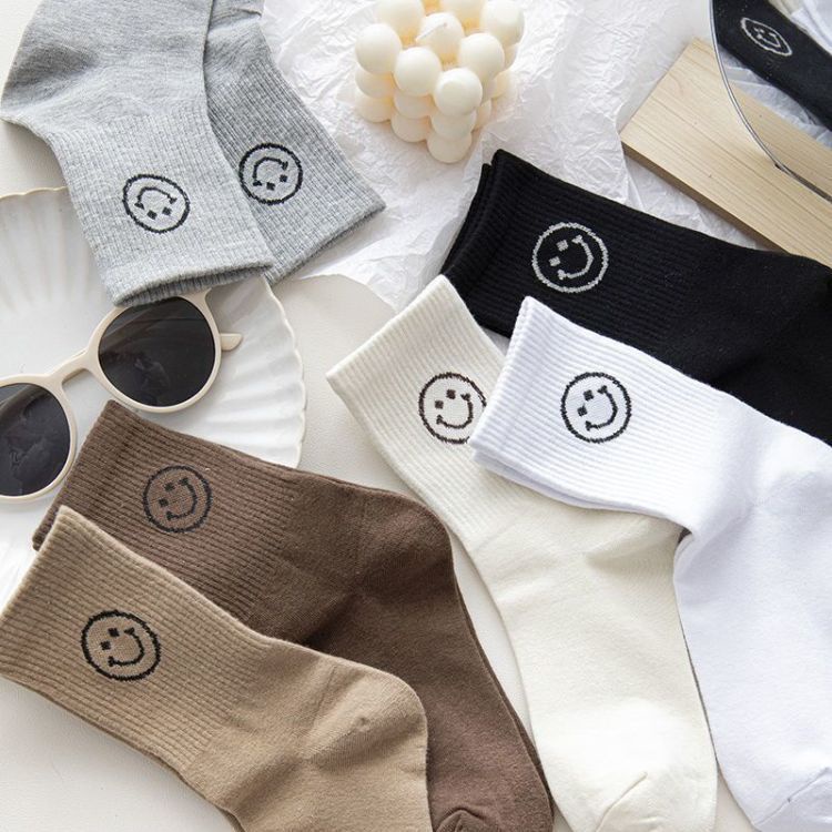 Set 6 đôi tất chân mặt cười nhún cao cổ trơn nâu chất len đẹp nam nữ thể thao unisex Hàn Quốc