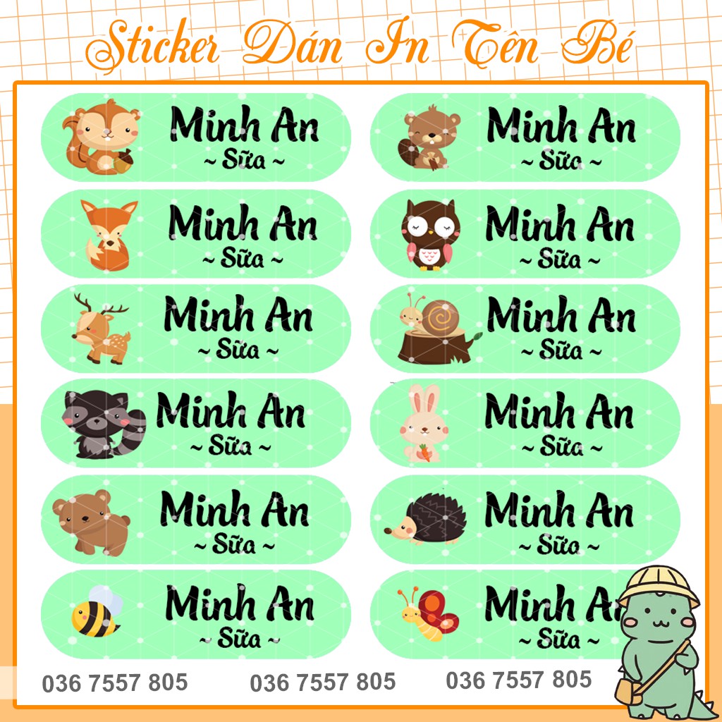 Tem Dán In Tên Bé - 96 nhãn dán - thiết kế theo yêu cầu - mẫu 12 hình - Sticker dán - Nhãn dán đồ dùng học tập cho bé