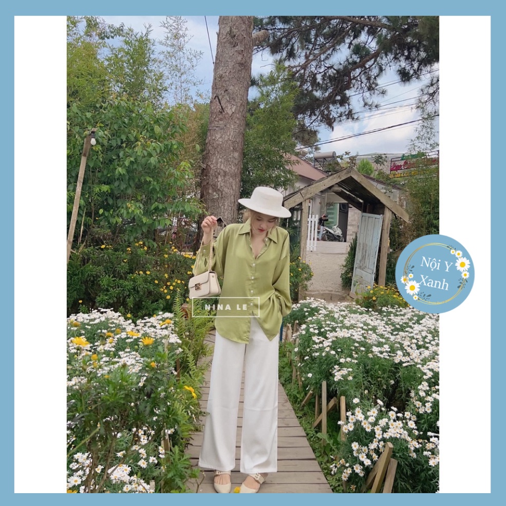 Set áo sơ mi xanh bơ Hình THẬT, phối quần suông trắng dáng dài chất tuyết mưa hottrend freesize nội y xanh chất mềm