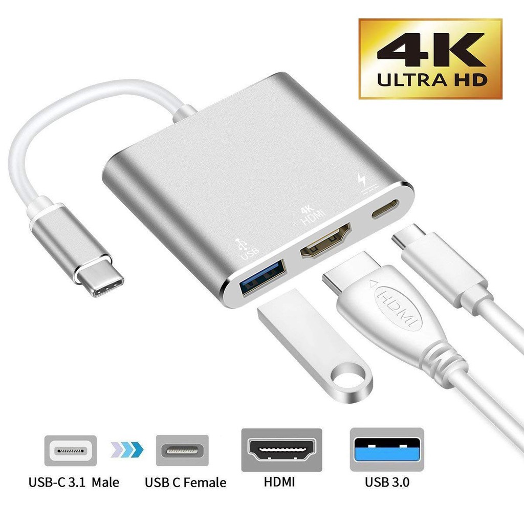 Cáp chuyển đổi Tecsire 3 trong 1 USB C Type C - HDMI 4K USB 3.0 Type-C (PD)